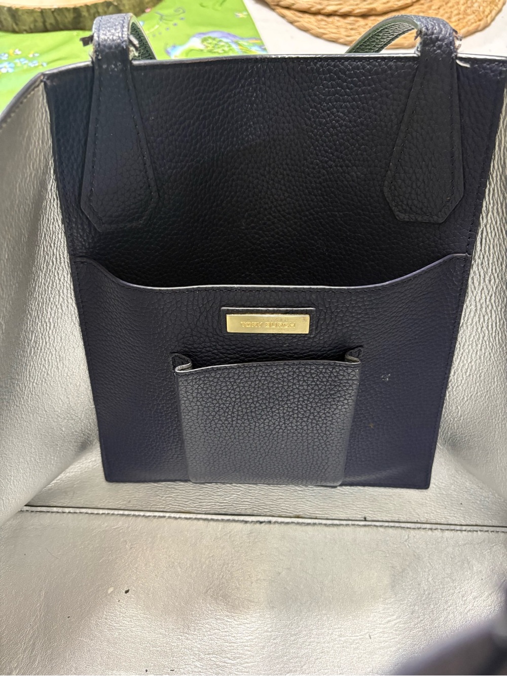 Tory Burch navy Pebbled Leather Tote with Logo Medallion 
17x11” bottom is 6” - Picture 5 of 9